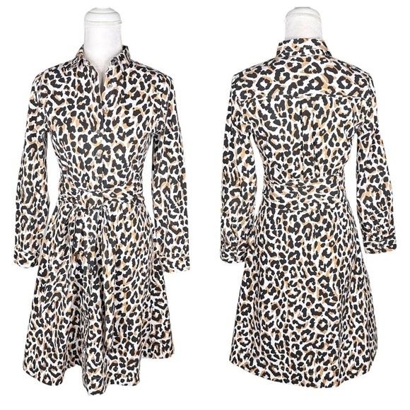 J. Crew leopard print tie-waist shirt dress pockets long sleeve buttons collar 2 - Picture 2 of 16
